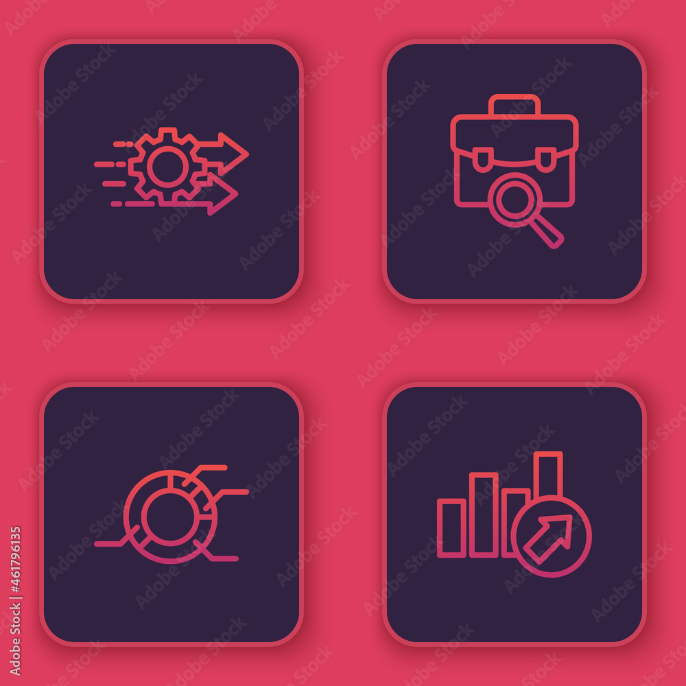 Set line Time management, Pie chart infographic, Work search and Financial growth. Blue square button. Vector Set line Time management, Pie chart infographic, Work search and Financial growth. Blue square button. Vector