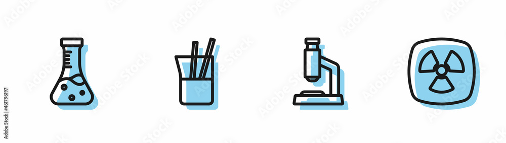 Set line Microscope, Test tube, Laboratory glassware and Radioactive icon. Vector Set line Microscope, Test tube, Laboratory glassware and Radioactive icon. Vector