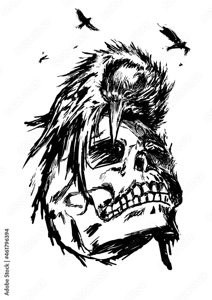 Obraz premium A dirty sketch of a tattoo.A black and white image of a scary skull with a raven on its face. he has sharp black wings and feathers and an evil look.head on a white background and black shadows.2d art