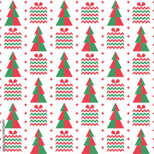 Christmas festive background with christmas trees and gifts simbols. Decorative teture, seamless pattern for wrapping paper, wallpaper, textile, fabric, packaging