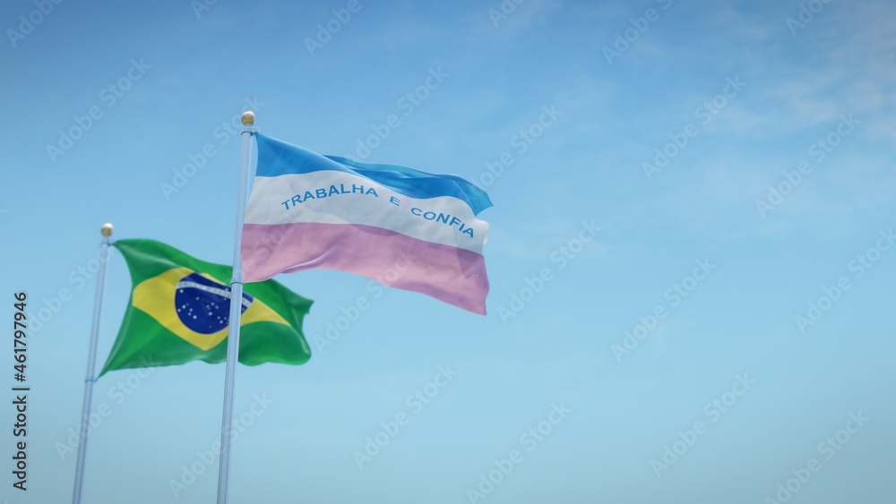 Waving flags of Brazil and the Brazilian state of Espírito Santo against blue sky backdrop. 3d rendering