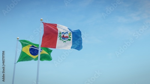 Waving flags of Brazil and the Brazilian state of Alagoas against blue sky backdrop. 3d rendering