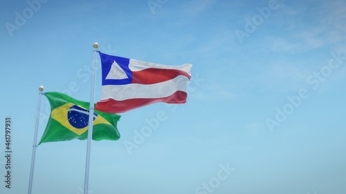 Waving flags of Brazil and the Brazilian state of Bahia against blue sky backdrop. 3d rendering