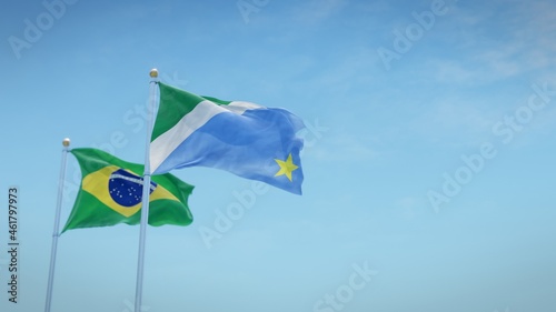 Waving flags of Brazil and the Brazilian state of Mato Grosso do Sul against blue sky backdrop. 3d rendering photo