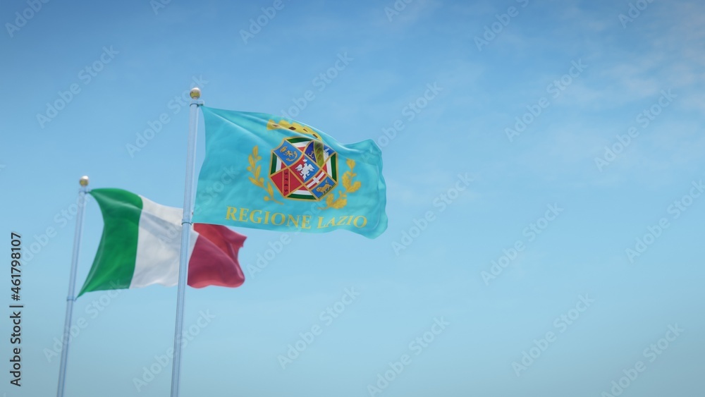 Waving flags of Italy and the Italian region of Lazio against blue sky backdrop. 3d rendering