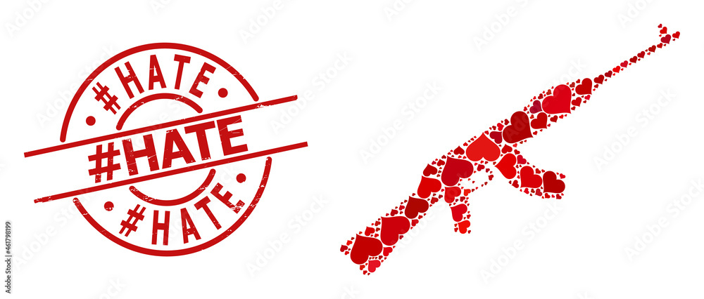 Grunge #Hate stamp, and red love heart collage for kalashnikov gun. Red round stamp has #Hate tag inside circle. Kalashnikov gun collage is designed with red romantic items. Grunge #Hate stamp, and red love heart collage for kalashnikov gun. Red round stamp has #Hate tag inside circle. Kalashnikov gun collage is designed with red romantic items.