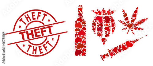 Scratched Theft stamp seal, and red love heart mosaic for addiction drugs. Red round stamp seal contains Theft text inside circle. Addiction drugs collage is formed with red wedding elements.
