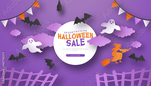 Halloween sale template paper cut illustration. Creepy october decoration with bats, ghost and witch in 3d papercut art style. Scary design for online business promotion or web discount.