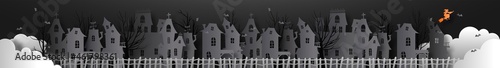 Creepy paper cut haunted house village, scary abandoned gothic buildings with bats and witch in 3d papercut art style. Halloween celebration concept, origami horror scene at night.