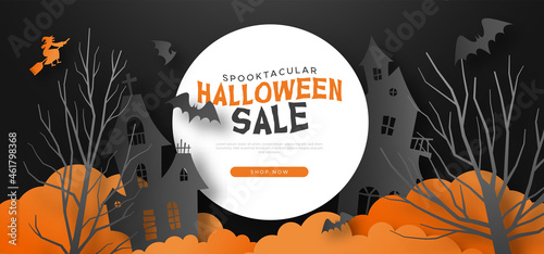 Halloween sale template paper cut illustration of creepy haunted house with bats and witch in 3d papercut art style. Scary abandoned mansion design for online business promotion or web discount.