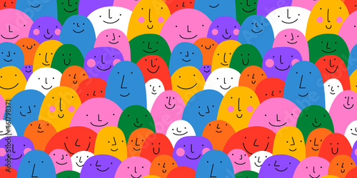 Diverse colorful people crowd seamless pattern illustration. Multi color rainbow cartoon characters in funny children doodle style. Friendly community or kid group background concept.
