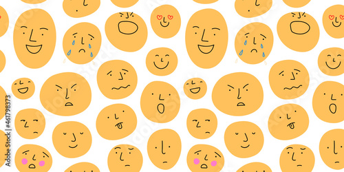 Diverse people crowd seamless pattern illustration. Expressive cartoon character faces in funny children doodle style. Human emotion or psychology concept background concept.