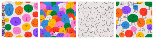 Diverse colorful people crowd seamless pattern illustration set. Funny cartoon characters in cute children doodle style. Friendly community, kid emotion psychology background collection.