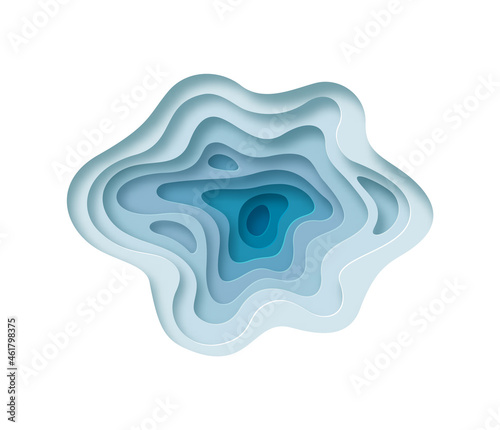 Blue paper cut background with layered curves in realistic 3d papercut craft art style. Modern water splash illustration or creative project template.
