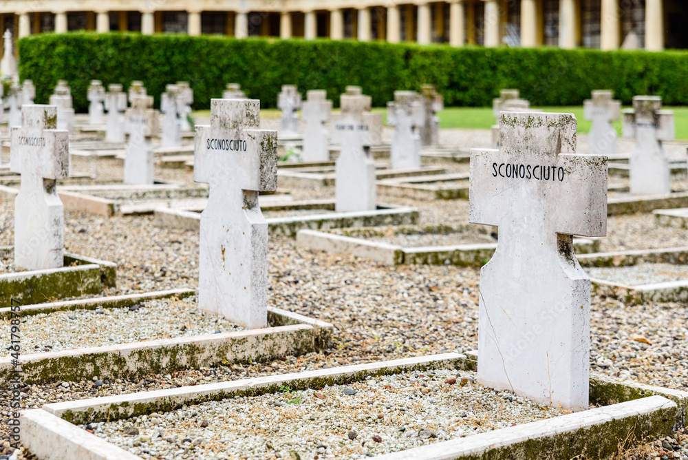 Equal anonymous graves dedicated, in Italian, to the unknown soldier in the Verona cemetery. Equal anonymous graves dedicated, in Italian, to the unknown soldier in the Verona cemetery.