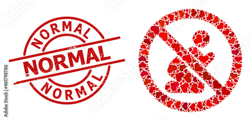 Distress Normal stamp, and red love heart collage for forbid praying man. Red round stamp seal includes Normal tag inside circle. Forbid praying man collage is done from red wedding elements.