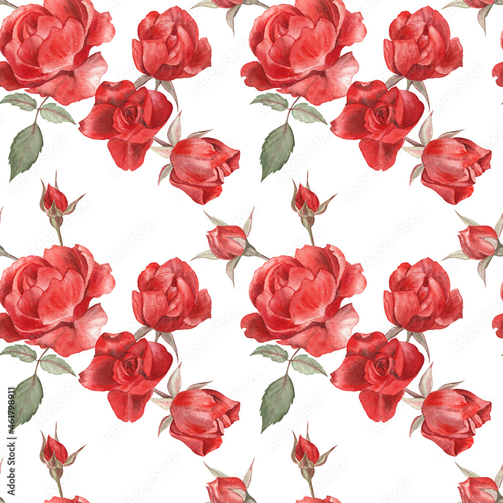 Floral seamless pattern with passionate red roses on white isolated background. Watercolor hand drawn flowers and leaves. Romantic design for wedding, Valentine's day.