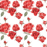 Floral seamless pattern with passionate red roses on white isolated background. Watercolor hand drawn flowers and leaves. Romantic design for wedding, Valentine's day.
