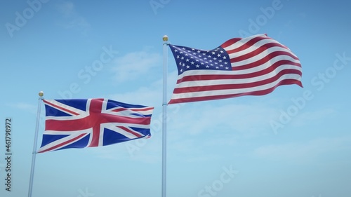 Flags of the UK and the USA against blue sky backdrop. 3d rendering