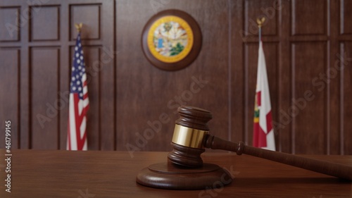 фотографія Courtroom scene with US flag and state seal and flag of the state of Florida
