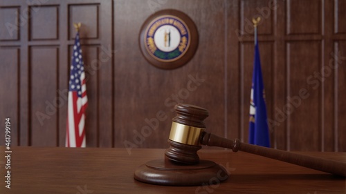 Courtroom scene with US flag and state seal and flag of the state of Kentucky. 3d rendering