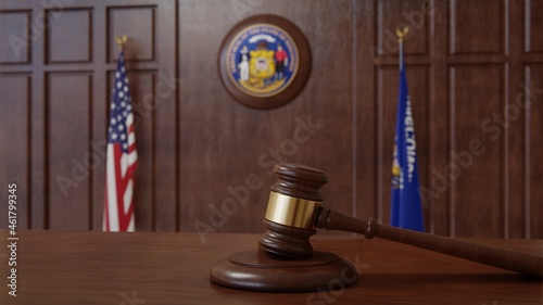 Courtroom scene with US flag and state seal and flag of the state of Wisconsin. 3d rendering