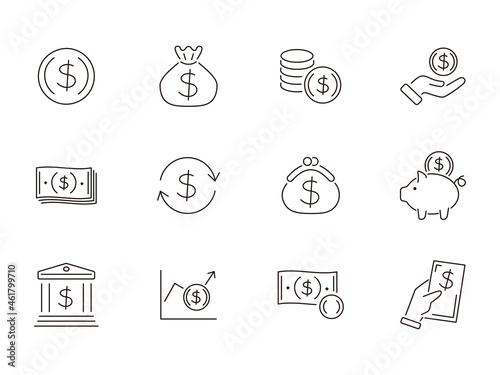 Money vector line icon set with a currency symbol. coin, bill. dollar photo