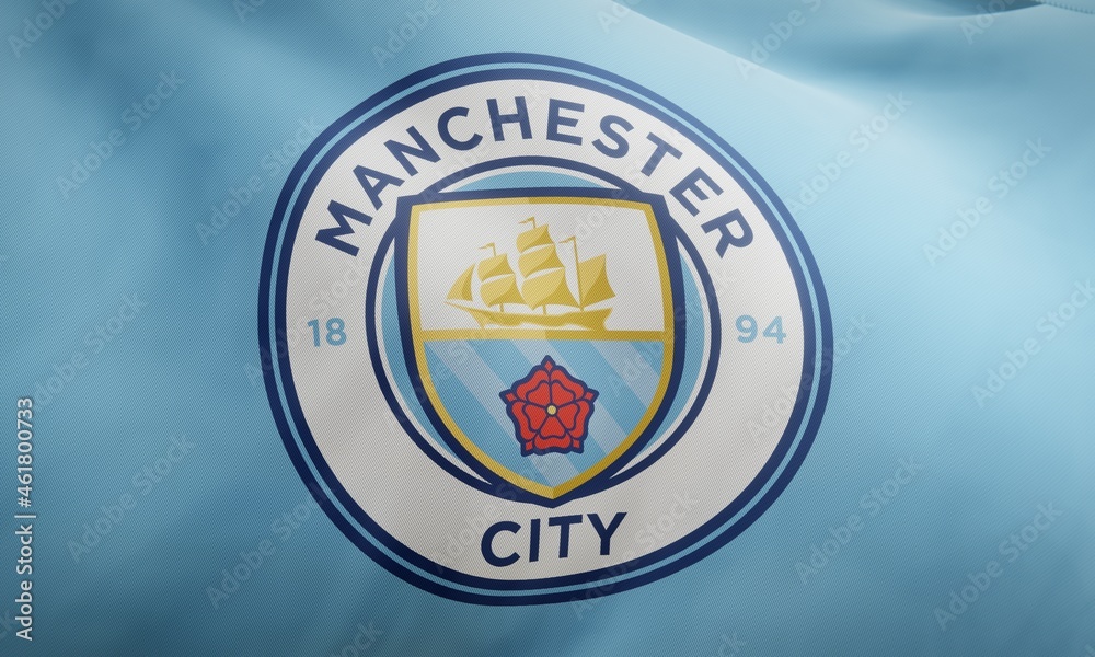 Logo Of English Football Club Manchester City F.c. On Waving Fabric 