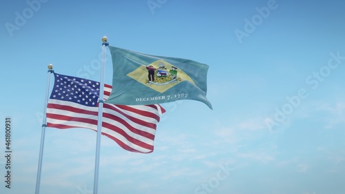 Waving flags of the USA and the US state of Delaware against blue sky backdrop. 3d rendering