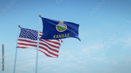 Waving flags of the USA and the US state of Kansas against blue sky backdrop. 3d rendering