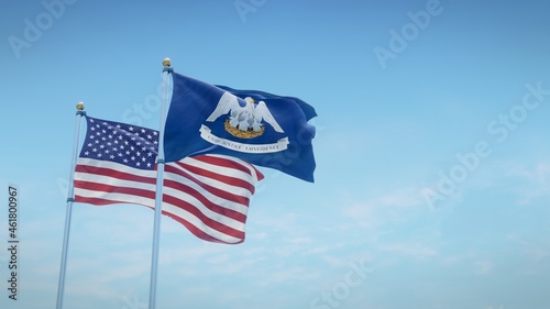 Waving flags of the USA and the US state of Louisiana against blue sky backdrop. 3d rendering