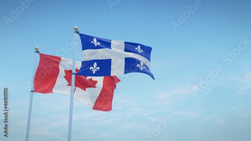 Waving flags of Canada and the Canadian province of Quebec against blue sky backdrop. 3d rendering