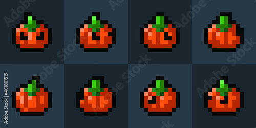 Pumpkin pixel art animation. Isolated vector illustration of mobile or pc game sprites. Design for stickers, logo, mobile app. Game assets 8-bit sprite sheet.