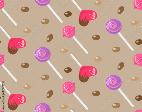 Candy seamless pattern brown background with colorful sweets, delicious caramels, hearts, lollipops, chocolate dragee. Design decor for textiles, menus, children dishes, notebooks. Vector illustration