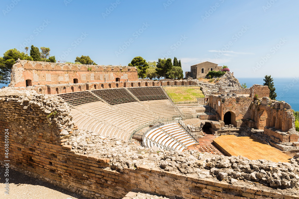 Panoramic Sights of The Beautiful Greek Theater of Taormina in Province of Messina, Sicily, Italy.