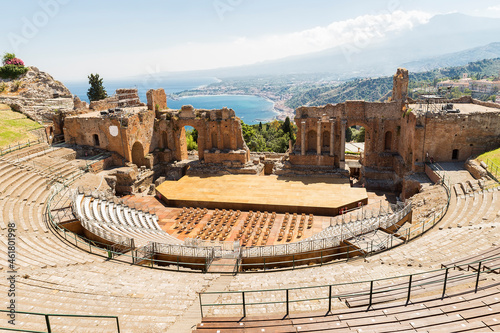Panoramic Sights of The Beautiful Greek Theater of Taormina in Province of Messina, Sicily, Italy.