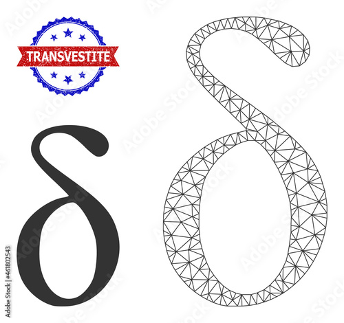 Polygonal Delta Greek lowercase letter wireframe icon, and bicolor rubber Transvestite watermark. Mesh wireframe illustration designed with Delta Greek lowercase letter icon.