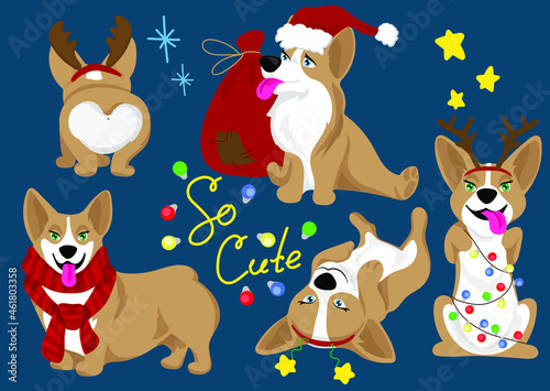 Set of Cute Corgi Cartoon Dogs. Corgi Santa's helpers. Corgi wearing a santa claus hat. Merry Christmas. Collection in different poses in free hand drawing illustration style. Set of Funny Characters.
