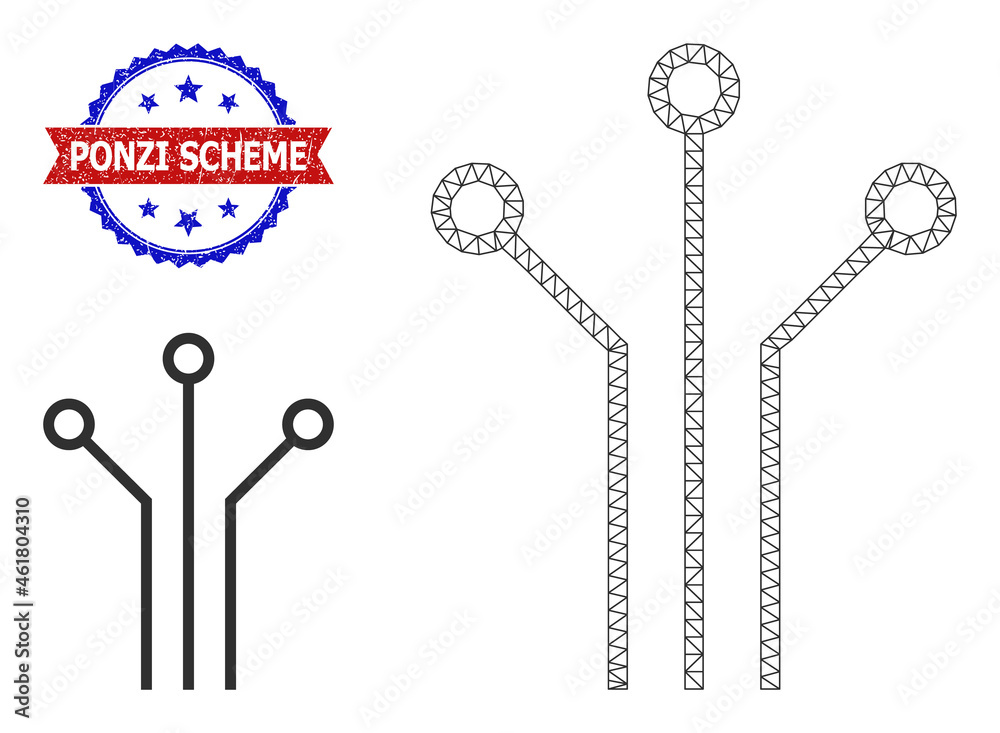 Net electronic connections wireframe illustration, and bicolor grunge Ponzi Scheme seal stamp. Mesh wireframe illustration is designed with electronic connections icon.