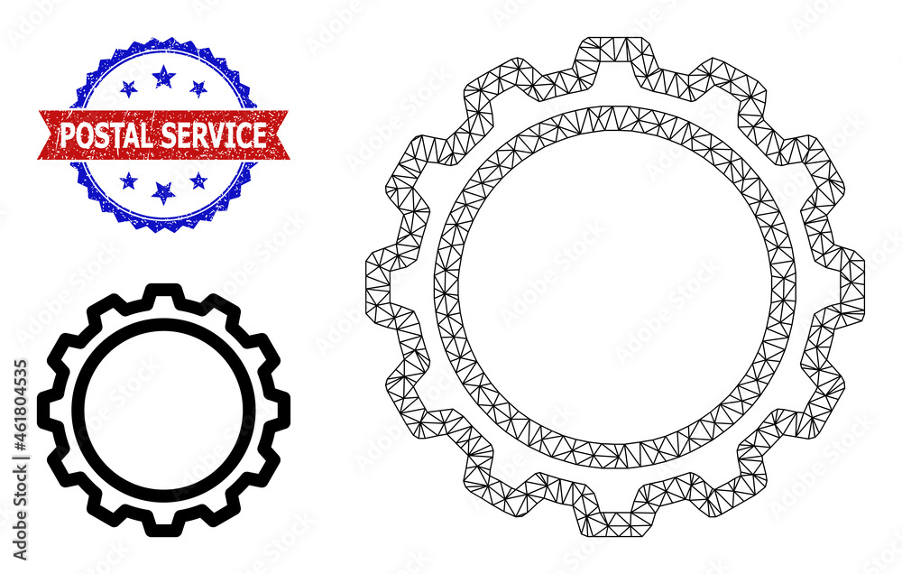 Polygonal contour gear model icon, and bicolor scratched Postal Service watermark. Polygonal wireframe image designed with contour gear icon.