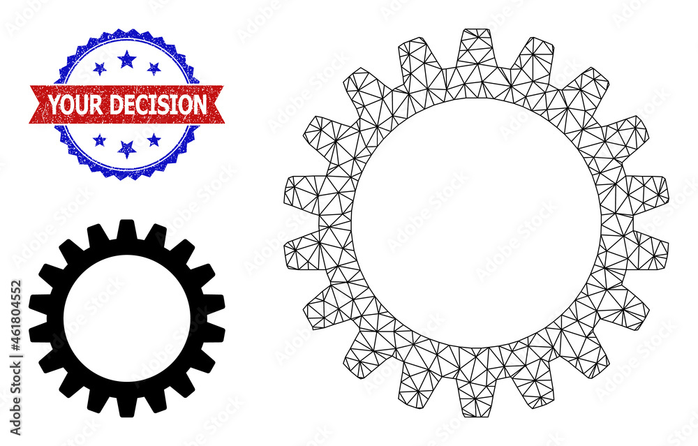 Net cogwheel wireframe icon, and bicolor unclean Your Decision seal. Polygonal wireframe illustration is based on cogwheel icon. Net cogwheel wireframe icon, and bicolor unclean Your Decision seal. Polygonal wireframe illustration is based on cogwheel icon.