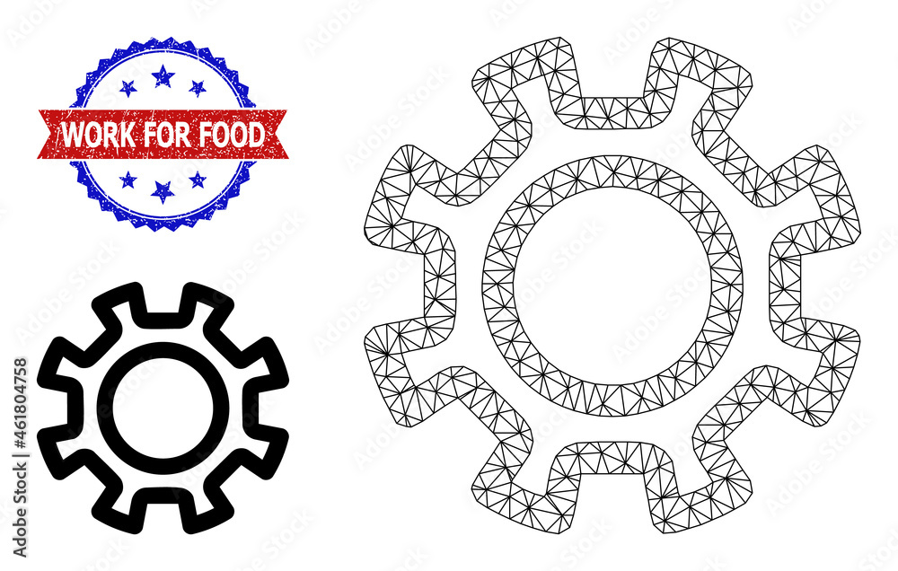 Polygonal contour gear wireframe illustration, and bicolor rubber Work for Food seal stamp. Mesh carcass illustration is based on contour gear pictogram. Polygonal contour gear wireframe illustration, and bicolor rubber Work for Food seal stamp. Mesh carcass illustration is based on contour gear pictogram.