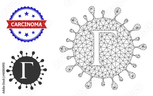 Mesh Gamma coronavirus carcass icon, and bicolor unclean Carcinoma watermark. Mesh wireframe image is created from Gamma coronavirus icon.