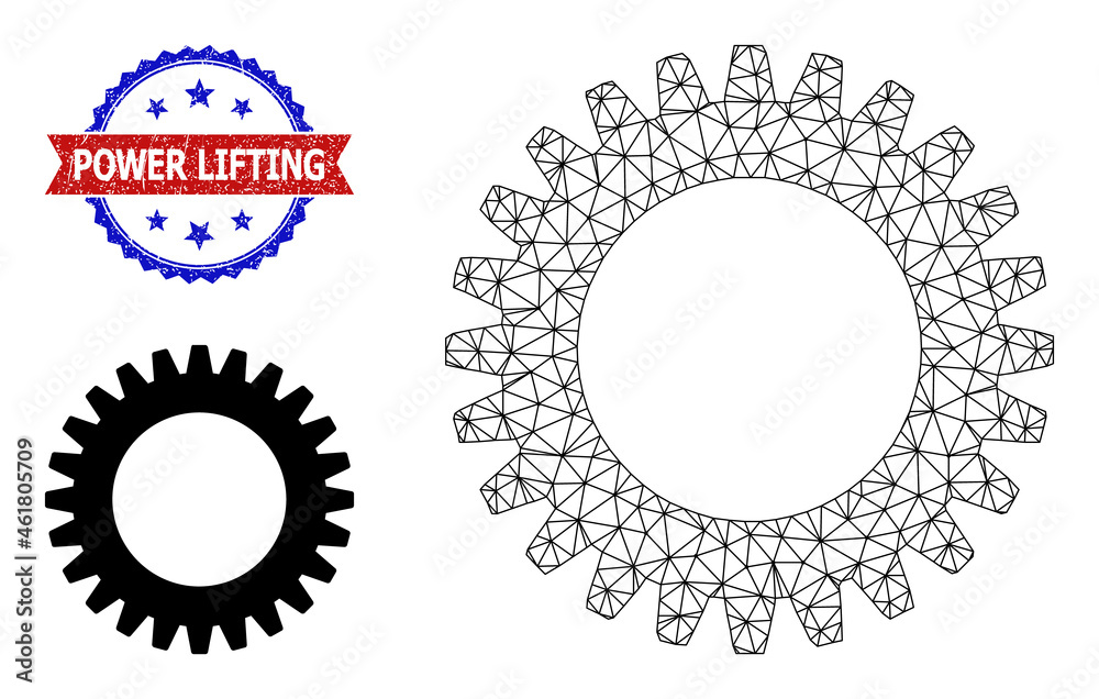 Mesh cogwheel model icon, and bicolor scratched Power Lifting seal stamp. Mesh carcass image designed with cogwheel pictogram. Vector seal with Power Lifting text inside red ribbon and blue rosette, Mesh cogwheel model icon, and bicolor scratched Power Lifting seal stamp. Mesh carcass image designed with cogwheel pictogram. Vector seal with Power Lifting text inside red ribbon and blue rosette,
