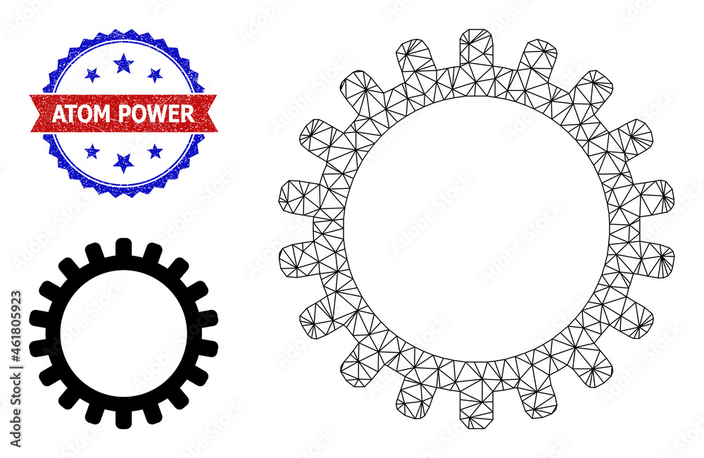 Polygonal cog carcass illustration, and bicolor scratched Atom Power seal stamp. Mesh carcass symbol designed with cog icon. Vector imprint with Atom Power caption inside red ribbon and blue rosette, Polygonal cog carcass illustration, and bicolor scratched Atom Power seal stamp. Mesh carcass symbol designed with cog icon. Vector imprint with Atom Power caption inside red ribbon and blue rosette,