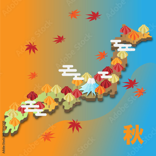 ペーパーアート風 紅葉に染まる秋の日本列島