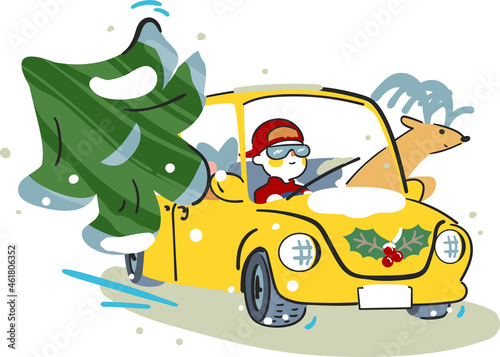 もみの木を車で運ぶヤングなサンタクロースとトナカイ　イラスト素材
