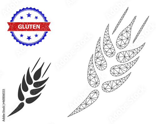 Polygonal barley ear framework icon, and bicolor grunge Gluten watermark. Mesh wireframe illustration designed with barley ear icon. Vector seal with Gluten text inside red ribbon and blue rosette,