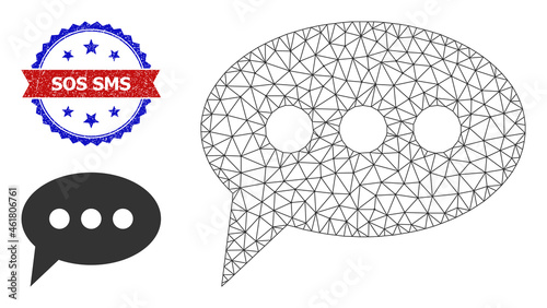 Mesh forum message model illustration, and bicolor scratched Sos SMS seal. Mesh wireframe image based on forum message pictogram. Vector seal with Sos SMS tag inside red ribbon and blue rosette,