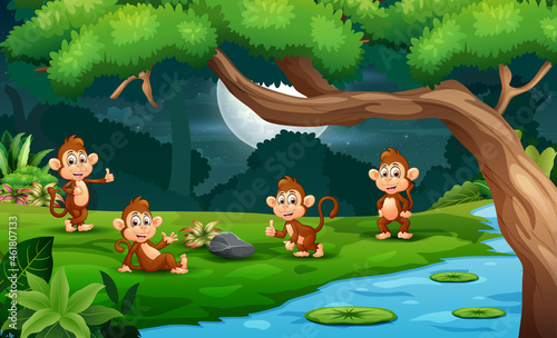 Cartoon four cute monkeys enjoying nature at night